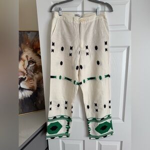 Zara Cream Knit Pants with Black & Green Geometric Accents